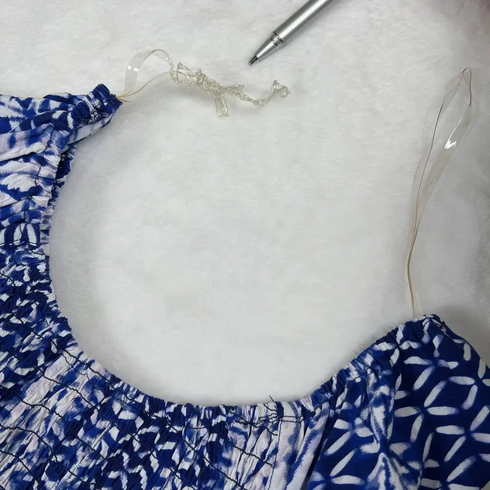 Justice Blue And White Puff Sleeve Jumpsuit Girls Size 18 Split Leg Smocked